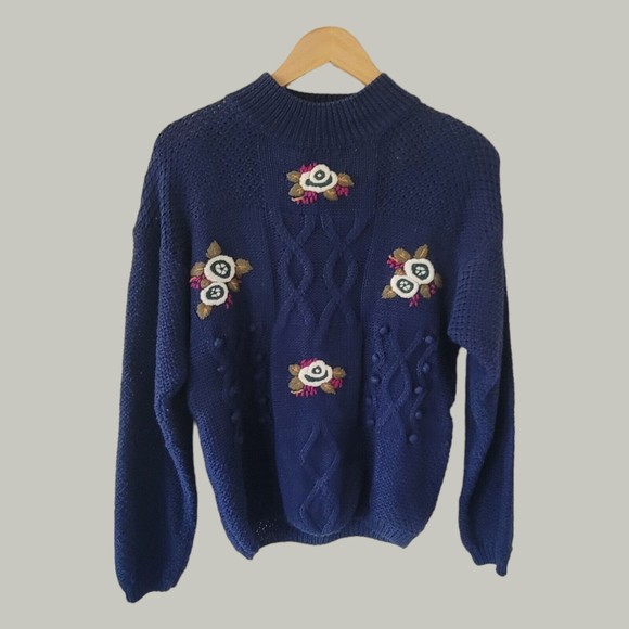Vintage Marnie West Floral Sweater Pullover Blue Medium Cottagecore Knit Jumper - Picture 1 of 7